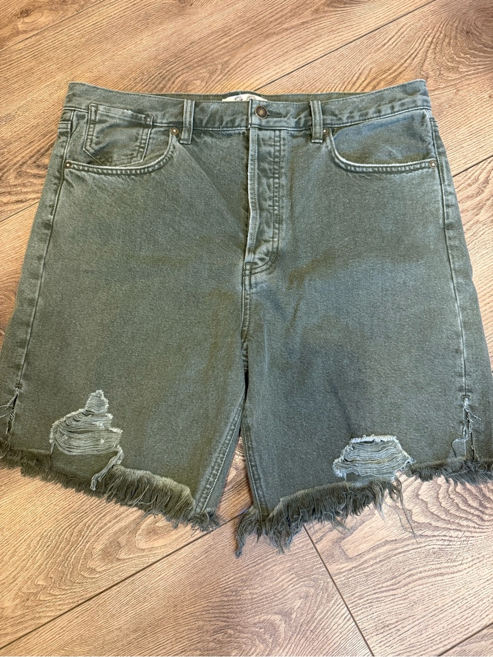 We The Free Olive Green Distressed High-Rise Denim Shorts